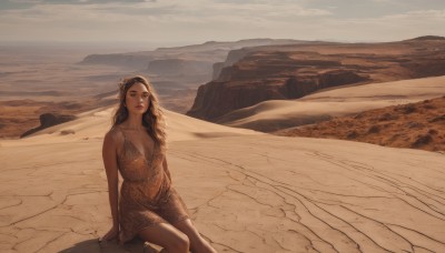 1girl,solo,long hair,breasts,looking at viewer,brown hair,black hair,hair ornament,dress,cleavage,bare shoulders,brown eyes,jewelry,medium breasts,sitting,collarbone,flower,outdoors,sky,sleeveless,cloud,hair flower,dark skin,dark-skinned female,lips,bare arms,sleeveless dress,arm support,short dress,scenery,mountain,realistic,sand,brown dress,mountainous horizon,desert,plunging neckline,closed mouth,makeup,beach,sepia,brown theme