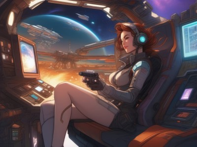 1girl,solo,long hair,breasts,smile,large breasts,brown hair,gloves,holding,cleavage,brown eyes,medium breasts,sitting,weapon,fingerless gloves,from side,lips,gun,bodysuit,headphones,star (sky),headset,science fiction,nose,camera,controller,pilot suit,space,monitor,planet,earth (planet),spacecraft,spacesuit,cockpit,screen,holographic interface,short hair,window,chair,handgun,neon trim,hologram