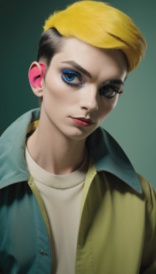 solo,looking at viewer,short hair,blue eyes,blonde hair,simple background,shirt,black hair,1boy,jewelry,jacket,white shirt,upper body,male focus,multicolored hair,two-tone hair,lips,eyelashes,makeup,piercing,lipstick,eyeshadow,green background,realistic,nose,very short hair,undercut,mohawk,1girl,closed mouth,necklace,open jacket,eyeliner,mascara