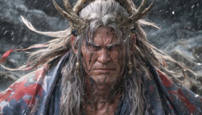 solo,long hair,looking at viewer,hair ornament,1boy,jewelry,closed mouth,upper body,white hair,male focus,earrings,outdoors,japanese clothes,horns,artist name,blurry,lips,blurry background,scar,facial mark,portrait,snow,rain,serious,snowing,realistic,manly,grey hair,kimono,facial hair,beard,antlers