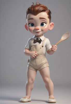 solo,looking at viewer,smile,short hair,open mouth,blue eyes,simple background,brown hair,shirt,1boy,bow,holding,standing,full body,white shirt,male focus,shoes,shorts,teeth,collared shirt,artist name,bowtie,grey background,black bow,white footwear,suspenders,child,freckles,black bowtie,spoon,overalls,male child,holding spoon,suspender shorts,aged down