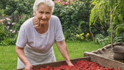 1girl,solo,looking at viewer,smile,short hair,shirt,1boy,brown eyes,closed mouth,white shirt,flower,white hair,short sleeves,male focus,outdoors,day,petals,leaning forward,facial hair,scar,plant,realistic,old,old man,photo background,arm hair,old woman,garden,wrinkled skin,dress,standing,grey hair,teeth,white dress,grin,apron,grass