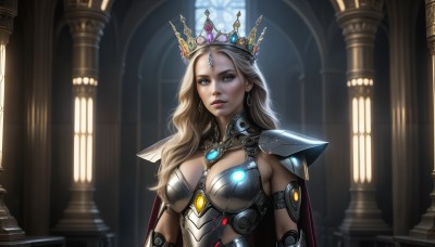 HQ,1girl,solo,long hair,breasts,looking at viewer,blue eyes,blonde hair,large breasts,cleavage,jewelry,medium breasts,upper body,earrings,parted lips,indoors,cape,armor,lips,glowing,tiara,crown,shoulder armor,gem,pauldrons,pillar,window,makeup,wavy hair,realistic