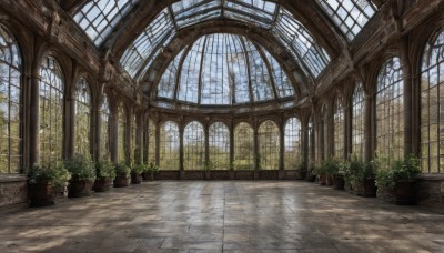 day,indoors,tree,no humans,window,sunlight,plant,scenery,light rays,tiles,potted plant,architecture,tile floor,ruins,pillar,arch,reflective floor,column,sky,cloud,blue sky,wooden floor,ceiling,vanishing point