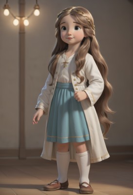 1girl,solo,long hair,smile,skirt,brown hair,shirt,long sleeves,brown eyes,very long hair,closed mouth,standing,full body,white shirt,shoes,socks,indoors,lips,blue skirt,coat,kneehighs,brown footwear,white socks,child,mary janes,female child,looking at viewer,jacket,braid,open clothes,flat chest,goggles on head,long skirt,arms at sides,crown braid