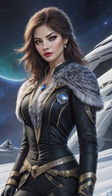 1girl,solo,long hair,breasts,looking at viewer,brown hair,gloves,long sleeves,brown eyes,jewelry,medium breasts,jacket,cowboy shot,earrings,sky,black gloves,belt,pants,artist name,signature,lips,fur trim,bodysuit,makeup,night,black pants,moon,lipstick,gem,star (sky),night sky,eyeshadow,starry sky,red lips,space,planet,realistic,aircraft,emblem,black bodysuit,spacecraft