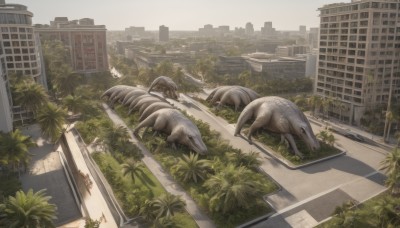 outdoors,lying,sky,day,tree,no humans,window,bird,animal,plant,ground vehicle,building,scenery,motor vehicle,city,palm tree,car,road,cityscape,ruins,street,skyscraper,overgrown,post-apocalypse,grass,realistic,pig,dinosaur