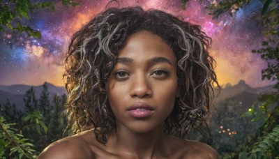 1girl,solo,long hair,looking at viewer,brown hair,black hair,brown eyes,collarbone,nude,outdoors,parted lips,sky,dark skin,dark-skinned female,tree,lips,night,leaf,plant,messy hair,portrait,star (sky),nature,night sky,starry sky,freckles,curly hair,realistic,nose,very dark skin,bare shoulders,upper body,teeth,mole,mole under eye,mountain