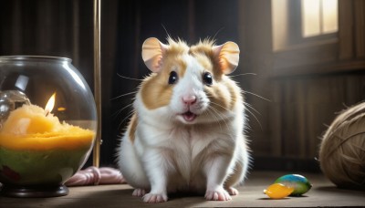 HQ,looking at viewer,open mouth,food,tongue,indoors,blurry,black eyes,no humans,window,blurry background,animal,fangs,cat,fire,bowl,realistic,candle,animal focus,mouse,whiskers