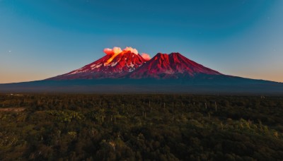 outdoors,sky,day,cloud,tree,blue sky,no humans,night,grass,star (sky),nature,scenery,forest,starry sky,sunset,mountain,field,landscape,mountainous horizon,gradient sky,hill,night sky,mount fuji