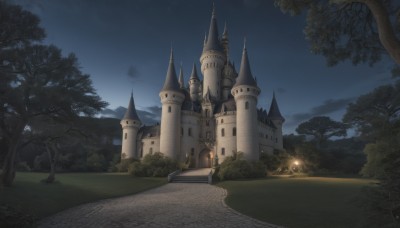 outdoors,sky,cloud,tree,no humans,night,grass,building,star (sky),nature,night sky,scenery,forest,starry sky,lantern,road,bush,lamppost,castle,tower,path,church,signature