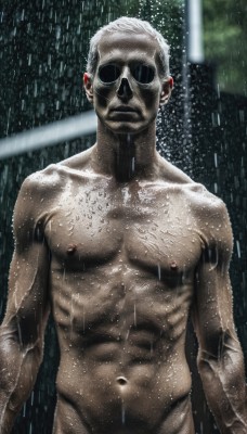 solo,looking at viewer,short hair,1boy,navel,closed mouth,nipples,standing,white hair,male focus,nude,outdoors,blurry,groin,wet,pubic hair,completely nude,muscular,blurry background,facial hair,abs,sunglasses,pectorals,muscular male,male pubic hair,rain,realistic,arms at sides,out-of-frame censoring,old,old man,collarbone,upper body,manly,chest hair