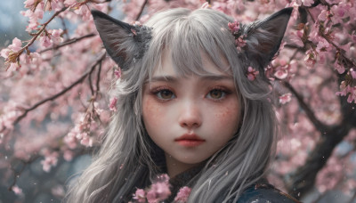 1girl, solo, long hair, looking at viewer, bangs, hair ornament, animal ears, brown eyes, closed mouth, flower, white hair, outdoors, day, cat ears, hair flower, blurry, lips, animal ear fluff, fox ears, depth of field, blurry background, expressionless, cherry blossoms, portrait, pink flower, freckles, realistic, nose, branch