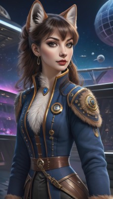 1girl,solo,long hair,looking at viewer,brown hair,long sleeves,animal ears,brown eyes,jewelry,upper body,earrings,sky,belt,artist name,cat ears,lips,coat,fur trim,makeup,night,lipstick,star (sky),hoop earrings,nose,red lips,space,planet,blue coat,breasts,bangs,black hair,jacket,black pants,extra ears,starry sky,realistic,spacecraft