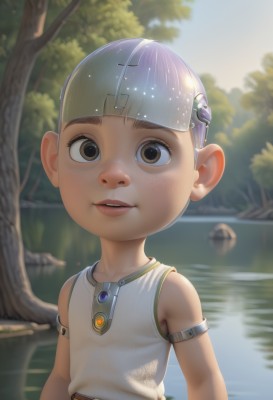 solo,looking at viewer,smile,short hair,brown hair,1boy,brown eyes,upper body,male focus,outdoors,parted lips,teeth,sleeveless,day,water,blurry,tree,blurry background,child,nature,forest,freckles,male child,lake,open mouth,sky,belt,artist name,armlet,reflection,realistic,pond