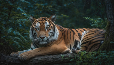 looking at viewer, closed mouth, outdoors, lying, blurry, tree, no humans, animal, leaf, plant, on stomach, nature, forest, branch, animal focus, tiger