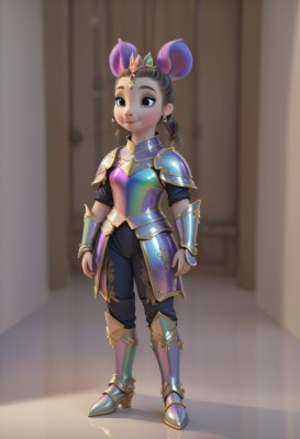 1girl,solo,long hair,smile,brown hair,black hair,animal ears,jewelry,closed mouth,standing,full body,ponytail,earrings,boots,pants,indoors,armor,blurry,black eyes,high heels,blurry background,black pants,tiara,crown,shoulder armor,gem,pauldrons,breastplate,mouse ears,door,arms at sides,vambraces,armored boots,mouse girl,breasts,simple background,hair ornament,brown eyes,lips,makeup,multicolored clothes,circlet,faulds