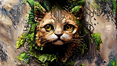 HQ,looking at viewer,yellow eyes,no humans,animal,leaf,from above,cat,plant,rock,animal focus,whiskers,tiger,moss,solo,realistic,vines,yellow sclera