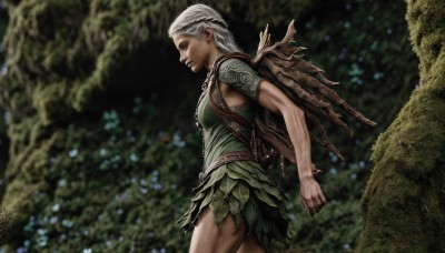 1girl,solo,breasts,short hair,skirt,closed mouth,standing,closed eyes,braid,white hair,cowboy shot,artist name,signature,bag,blurry,from side,dated,tree,profile,muscular,blurry background,backpack,nature,forest,green dress,realistic,nose,muscular female,long hair,flower,wings,dark skin,armor,mole,tribal