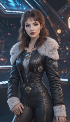 1girl,solo,long hair,breasts,looking at viewer,blue eyes,brown hair,shirt,long sleeves,jewelry,medium breasts,standing,collarbone,jacket,cowboy shot,earrings,parted lips,open clothes,belt,pants,nail polish,blurry,lips,black jacket,fur trim,makeup,blurry background,black pants,ring,lipstick,zipper,hoop earrings,realistic,nose,red lips,leather,leather jacket,leather pants,necklace,bodysuit,gem,black nails,hand on own thigh