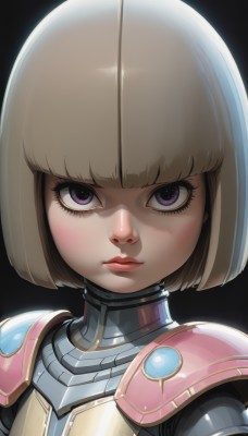 1girl,solo,looking at viewer,short hair,bangs,blonde hair,simple background,brown hair,closed mouth,purple eyes,upper body,blunt bangs,armor,lips,eyelashes,bodysuit,makeup,bob cut,black background,portrait,lipstick