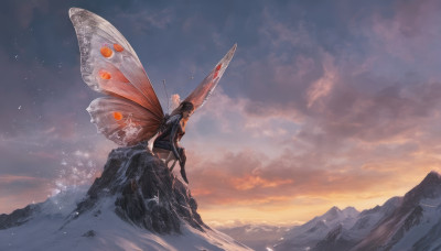 1girl, solo, sitting, outdoors, wings, sky, cloud, from side, bug, scenery, sunset, mountain, antennae, fairy, butterfly wings, insect wings