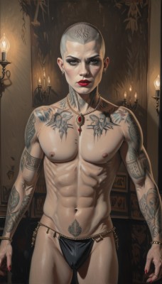 solo,looking at viewer,short hair,1boy,navel,jewelry,closed mouth,underwear,nipples,standing,grey hair,male focus,cowboy shot,earrings,artist name,indoors,necklace,stomach,nail polish,bracelet,lips,tattoo,makeup,muscular,piercing,abs,fire,pectorals,lipstick,muscular male,bara,red nails,bulge,topless male,realistic,red lips,candle,arm tattoo,very short hair,chest tattoo,leg tattoo,briefs,buzz cut,blush,brown eyes,thighs,thick eyebrows,ear piercing,large pectorals,male underwear,shoulder tattoo,facial tattoo,neck tattoo