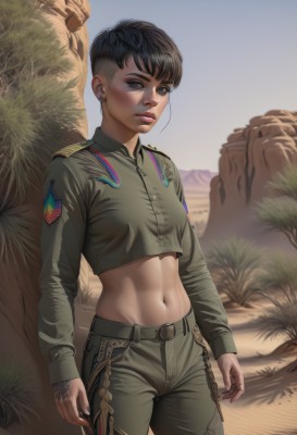 1girl,solo,breasts,looking at viewer,short hair,shirt,black hair,long sleeves,navel,brown eyes,jewelry,standing,cowboy shot,earrings,small breasts,outdoors,parted lips,sky,day,midriff,belt,pants,stomach,uniform,black eyes,tree,lips,crop top,military,military uniform,tattoo,makeup,black belt,realistic,nose,arms at sides,stud earrings,very short hair,undercut,green pants,desert,bangs,dark skin,nail polish,dark-skinned female,piercing,abs,lipstick,eyeshadow,cropped jacket,toned,eyeliner,dirty,cropped shirt