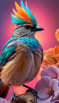 solo,looking at viewer,blue eyes,flower,outdoors,sky,blurry,no humans,bird,animal,pink background,feathers,pink flower,realistic,purple flower,animal focus,talons,beak,standing,cloud,pokemon (creature),blue feathers