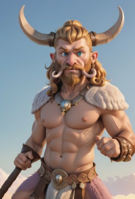 solo,long hair,looking at viewer,blue eyes,blonde hair,1boy,navel,holding,jewelry,nipples,standing,weapon,male focus,cowboy shot,earrings,outdoors,horns,sky,pointy ears,necklace,stomach,holding weapon,fur trim,muscular,facial hair,abs,pectorals,muscular male,bara,pelvic curtain,beard,large pectorals,topless male,mature male,mustache,bare pectorals,loincloth,tooth necklace,realistic