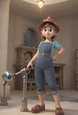 1girl,solo,looking at viewer,smile,short hair,brown hair,shirt,hat,holding,brown eyes,closed mouth,standing,full body,short sleeves,shoes,belt,pants,artist name,indoors,signature,nail polish,hand on hip,window,brown footwear,thick eyebrows,blue shirt,child,red headwear,female child,overalls,blue overalls