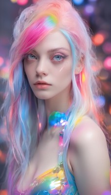 1girl,solo,long hair,breasts,looking at viewer,bangs,blue eyes,dress,cleavage,bare shoulders,jewelry,medium breasts,closed mouth,blue hair,upper body,pink hair,multicolored hair,earrings,sleeveless,artist name,blurry,two-tone hair,lips,streaked hair,eyelashes,makeup,depth of field,blurry background,watermark,piercing,lipstick,gem,web address,multicolored clothes,eyeshadow,realistic,nose,red lips,bokeh,colorful,mascara,rainbow hair,blonde hair,white hair,personification