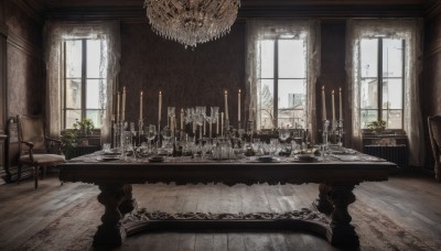 day,indoors,tree,no humans,window,shadow,chair,table,sunlight,plant,curtains,scenery,wooden floor,potted plant,candle,carpet,candlestand,chandelier,fireplace,bottle,fire,vase,painting (object),wooden chair