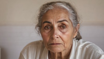 1girl,solo,looking at viewer,shirt,1boy,brown eyes,jewelry,closed mouth,white shirt,upper body,grey hair,male focus,earrings,indoors,blurry,blurry background,portrait,realistic,old,old man,old woman,wrinkled skin,mole,lips,facial hair,messy hair