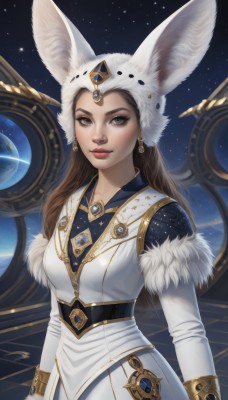 1girl,solo,long hair,breasts,looking at viewer,smile,brown hair,gloves,long sleeves,hat,dress,animal ears,brown eyes,jewelry,closed mouth,upper body,earrings,sky,artist name,star (symbol),rabbit ears,lips,fur trim,makeup,fake animal ears,gem,star (sky),starry sky,gold trim,realistic,nose,arms at sides,red lips,space,planet,animal hat,medium breasts