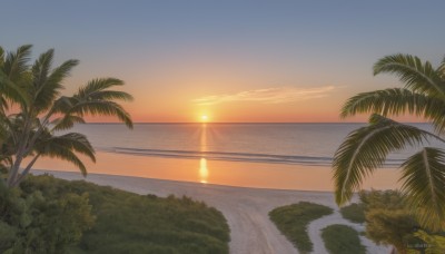 outdoors,sky,cloud,water,tree,blue sky,no humans,ocean,beach,sunlight,nature,scenery,sunset,sand,palm tree,sun,horizon,evening,gradient sky,shore,orange sky,artist name,signature,plant,lens flare,bush,sunrise,island