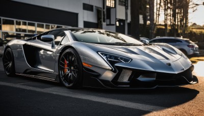 outdoors,tree,no humans,shadow,ground vehicle,building,motor vehicle,car,road,vehicle focus,street,photo background,wheel,sports car,solo