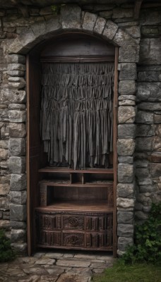 outdoors,day,no humans,window,grass,plant,scenery,stairs,door,wall,brick wall,stone wall,crate,brick,stone floor,wood