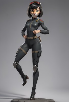 1girl,solo,breasts,looking at viewer,smile,short hair,bangs,simple background,black hair,long sleeves,medium breasts,standing,full body,small breasts,boots,teeth,belt,artist name,signature,medium hair,grey background,black footwear,grin,uniform,black eyes,high heels,gradient,military,gradient background,bodysuit,military uniform,makeup,swept bangs,leg up,bob cut,standing on one leg,thick eyebrows,goggles,skin tight,buckle,clenched hands,zipper,high heel boots,goggles on head,hands on hips,pouch,belt buckle,holster,zipper pull tab,knee pads,belt pouch,thigh pouch,armor,mole,hand on hip,mole under eye,sunglasses,furry,science fiction,armored boots,police,police uniform