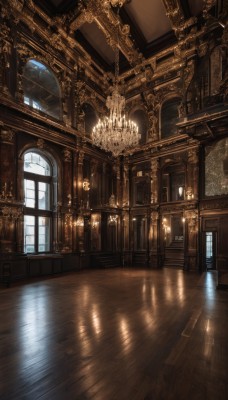 day,indoors,water,no humans,window,sunlight,scenery,reflection,light rays,wooden floor,stairs,door,light,candle,architecture,ceiling,hallway,church,arch,reflective floor,chandelier,chain,fantasy,clock