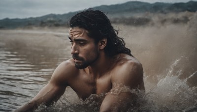 solo,long hair,black hair,1boy,upper body,male focus,outdoors,dark skin,water,blurry,black eyes,wet,looking to the side,blurry background,facial hair,ocean,scar,beach,dark-skinned male,thick eyebrows,beard,partially submerged,topless male,mature male,realistic,mustache,sand,wet hair,chest hair,waves,brown eyes,closed mouth,collarbone,sky,day,muscular,facial mark,manly,splashing