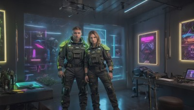 1girl,looking at viewer,short hair,brown hair,black hair,1boy,holding,brown eyes,standing,weapon,pants,indoors,holding weapon,armor,uniform,vest,gun,military,military uniform,facial hair,chair,plant,beard,handgun,headset,science fiction,watch,realistic,wristwatch,computer,knee pads,monitor,screen,holographic interface,bulletproof vest,long hair,hetero,table,wristband,alien,spacecraft,cyberpunk,drone