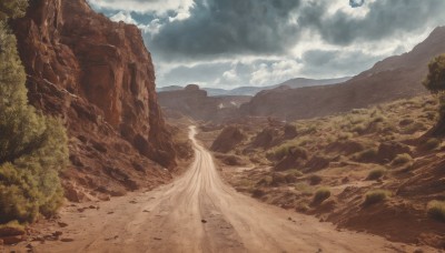 outdoors,sky,day,cloud,tree,no humans,cloudy sky,nature,scenery,forest,rock,mountain,fantasy,road,landscape,cliff,solo,sand,desert