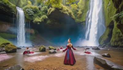 1girl,long hair,short hair,multiple girls,blonde hair,brown hair,black hair,gloves,dress,bare shoulders,standing,outdoors,elbow gloves,water,hair bun,from behind,tree,red dress,single hair bun,nature,scenery,forest,rock,river,waterfall,breasts,long sleeves,hat,sitting,day,puffy sleeves,3girls,4girls