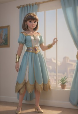 1girl,solo,breasts,looking at viewer,smile,short hair,bangs,brown hair,dress,brown eyes,jewelry,closed mouth,standing,collarbone,full body,short sleeves,hairband,earrings,day,puffy sleeves,indoors,blunt bangs,high heels,bracelet,puffy short sleeves,lips,window,makeup,blue dress,sunlight,plant,lipstick,curtains,gem,gold trim,wooden floor,nose,potted plant,bracer,cactus,shoes,necklace,watermark,green dress,carpet,rug