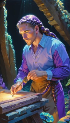 solo,long hair,blue eyes,shirt,long sleeves,1boy,holding,very long hair,closed mouth,standing,purple hair,braid,flower,male focus,multicolored hair,cowboy shot,outdoors,collared shirt,pants,indoors,apron,single braid,night,buttons,facial hair,blue shirt,plant,beard,blue flower,mustache,purple shirt,light,paintbrush,brown pants,old,holding paintbrush,canvas (object),brown hair,artist name,vest,leaf,watermark,night sky,web address,braided ponytail,wood