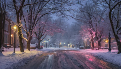 outdoors, sky, tree, no humans, night, ground vehicle, building, scenery, motor vehicle, snow, snowing, car, road, winter, lamppost, bare tree, street