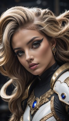 1girl,solo,long hair,looking at viewer,blonde hair,brown eyes,jewelry,upper body,earrings,parted lips,artist name,armor,blurry,lips,grey eyes,eyelashes,makeup,blurry background,wavy hair,lipstick,shoulder armor,portrait,eyeshadow,freckles,pauldrons,breastplate,realistic,nose,teeth,floating hair,gem,eyeliner,mascara