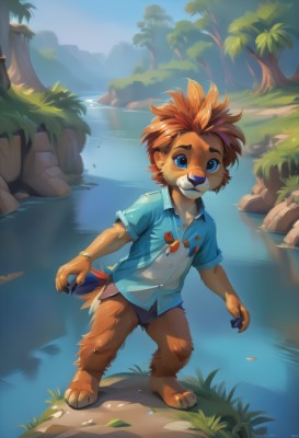 solo,looking at viewer,smile,short hair,blue eyes,brown hair,shirt,1boy,animal ears,standing,tail,full body,short sleeves,male focus,outdoors,sky,barefoot,teeth,day,collared shirt,artist name,signature,water,tree,blue sky,wet,watermark,mouth hold,grass,blue shirt,child,nature,furry,rock,furry male,male child,body fur,river,snout,brown fur,dog boy,pond,bangs,underwear,shorts,orange hair,torn clothes,ocean,claws,white fur,animal nose,orange fur