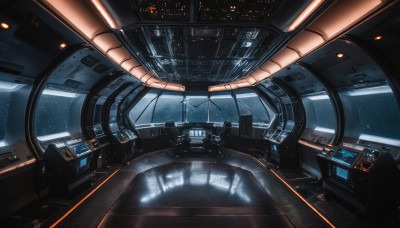 sky,signature,dutch angle,no humans,window,night,building,star (sky),scenery,reflection,science fiction,realistic,light,space,spacecraft,lights,cockpit,robot,machinery,cable,planet